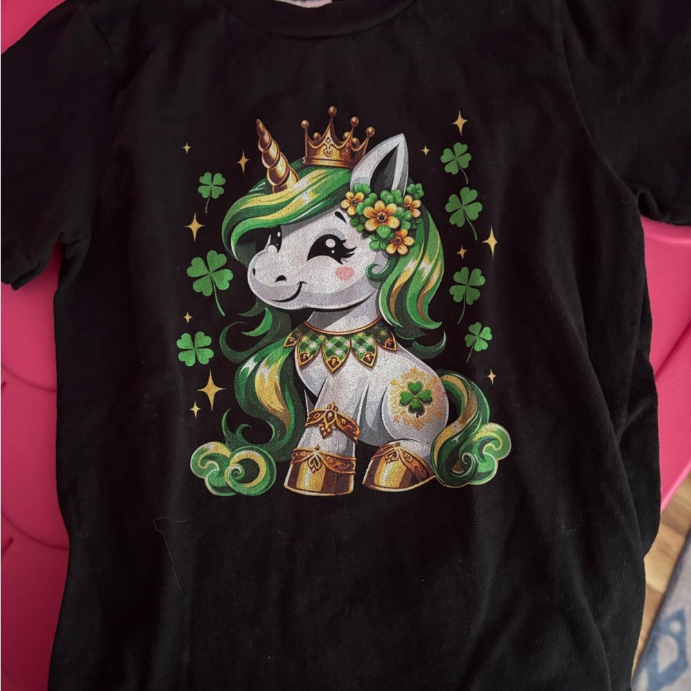 Girls' Black Unicorn Tee with Green & Gold Accents
